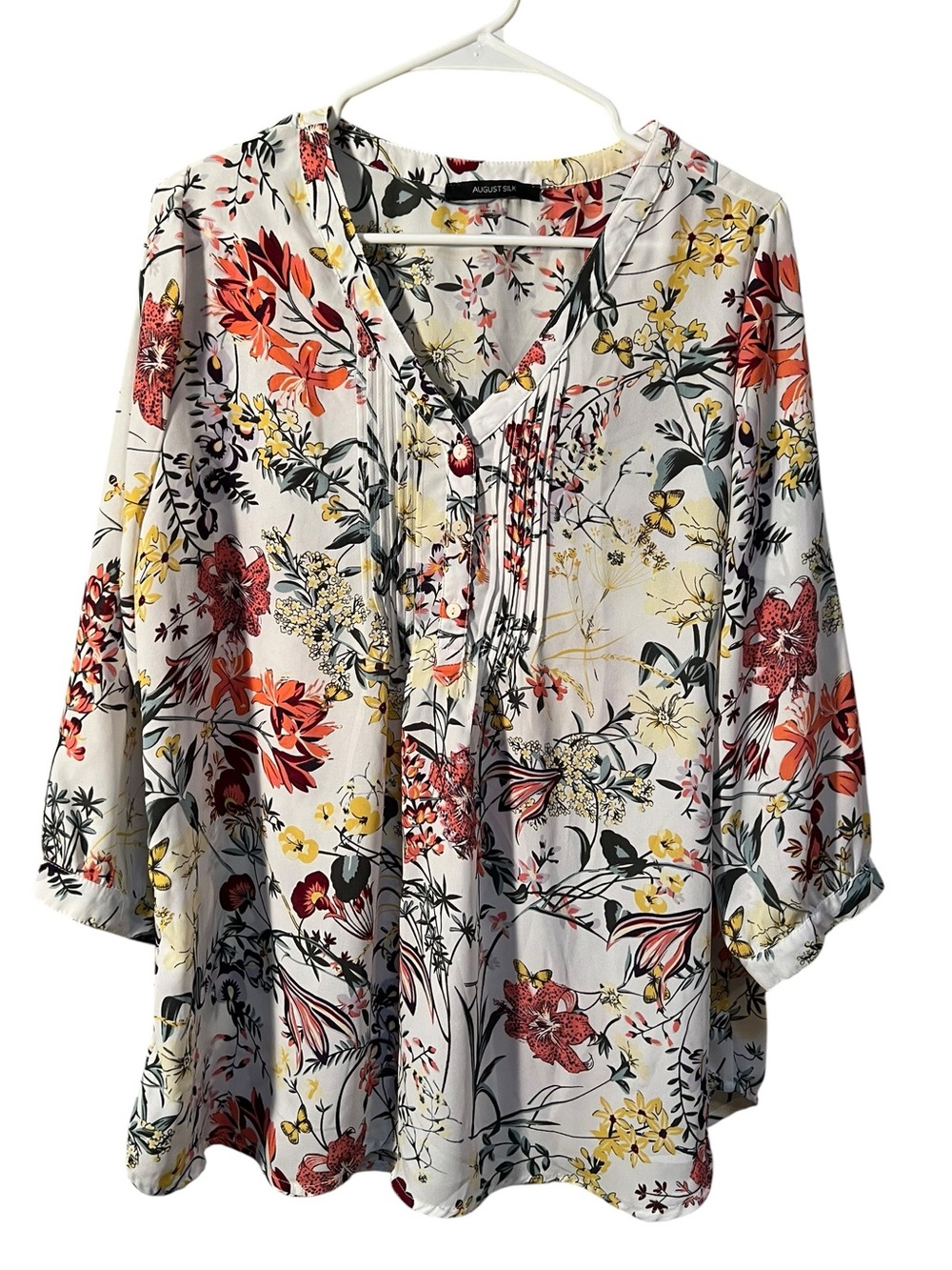 August Silk Women’s Size Large Blouse Half Button 3/4 Sleeve White Orange Yellow